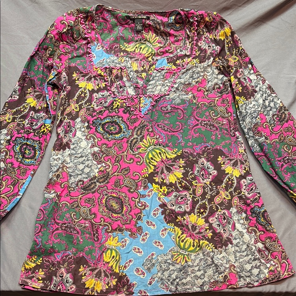 Lucky Brand Boho Paisley Floral Long Sleeve Tunic Blouse Pink Yellow Small